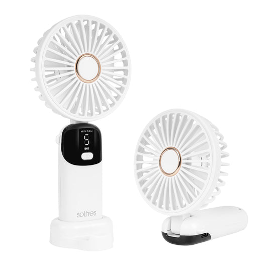 Solfres Portable Mini Handheld Fan, Digital Display, 5 Speeds, 90° Adjustable and Foldable, Rechargeable Fan for Outdoor Indoor Travel Desktop, White