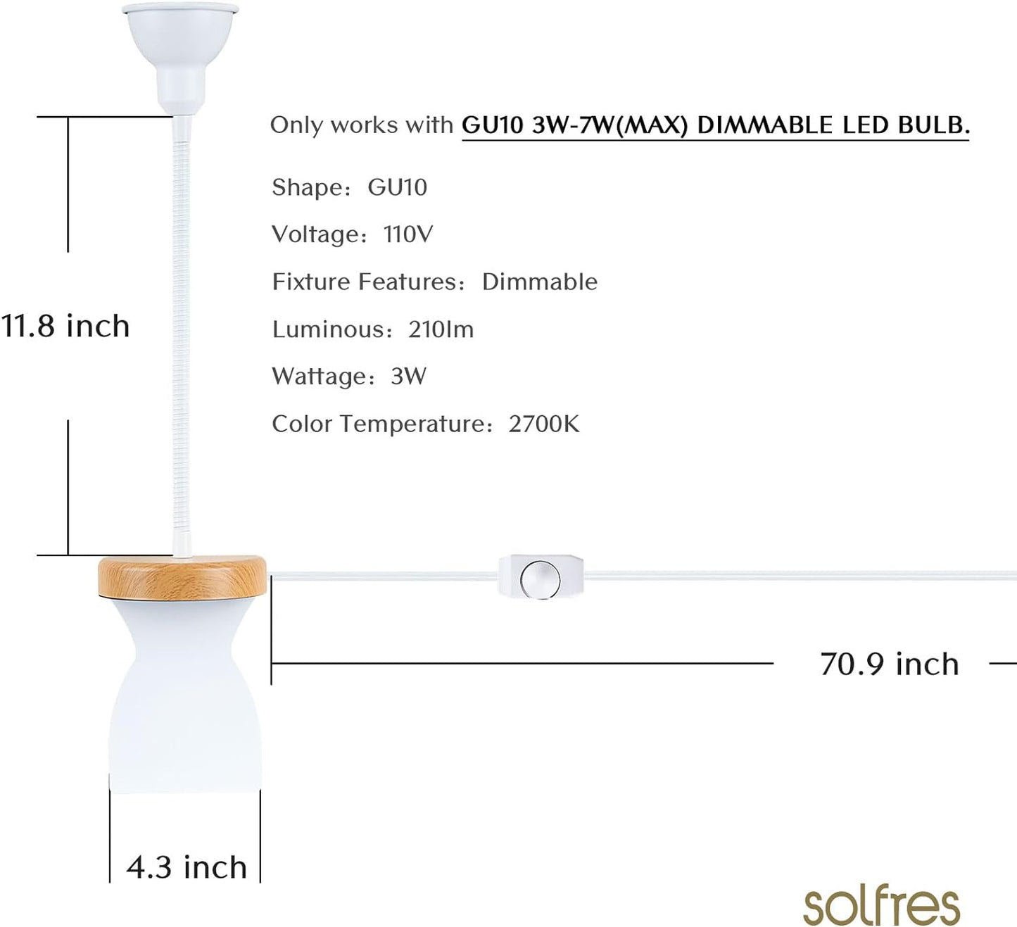 Solfres Innovative Design Headboard Reading Light. No Drilling Golden Book Light for Bedtime Reading. Dimmable LED Book Reading Lamp with Bulb. Movable & Flexible, White