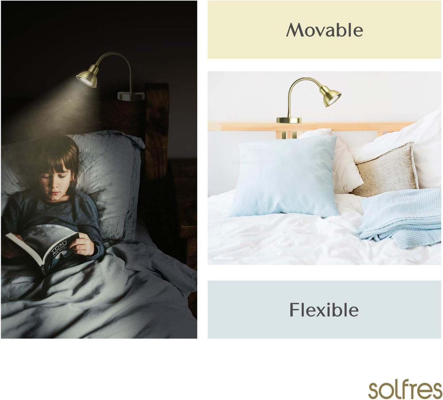 Solfres Innovative Design Headboard Reading Light. No Drilling Golden Book Light for Bedtime Reading. Dimmable LED Book Reading Lamp with Bulb. Movable & Flexible, White