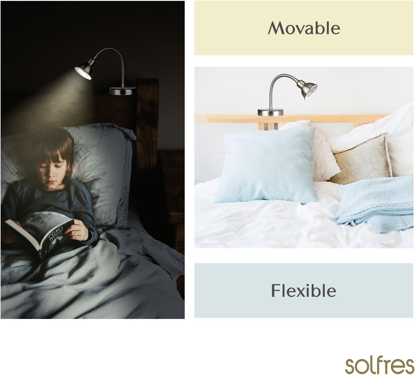 Solfres Innovative Design Headboard Reading Light. No Drilling Golden Book Light for Bedtime Reading. Dimmable LED Book Reading Lamp with Bulb. Movable & Flexible, White