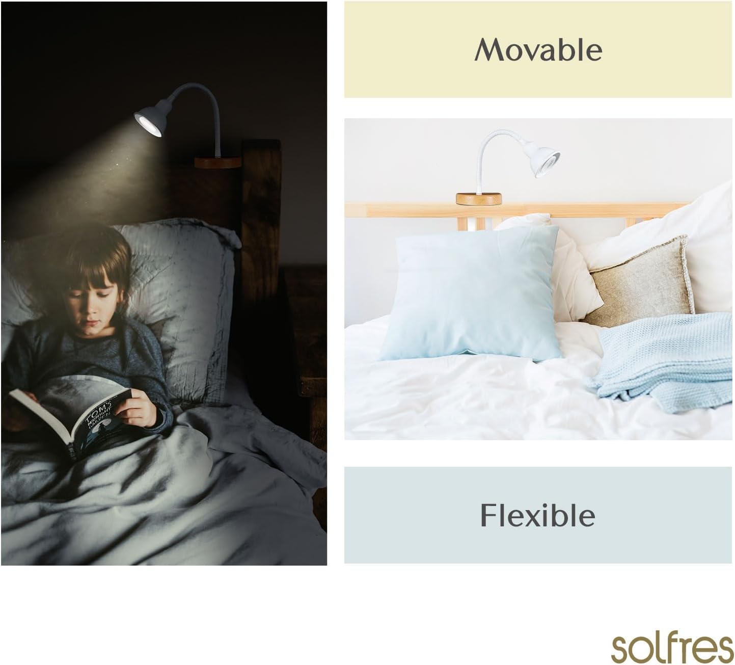 Solfres Innovative Design Headboard Reading Light. No Drilling Golden Book Light for Bedtime Reading. Dimmable LED Book Reading Lamp with Bulb. Movable & Flexible, White