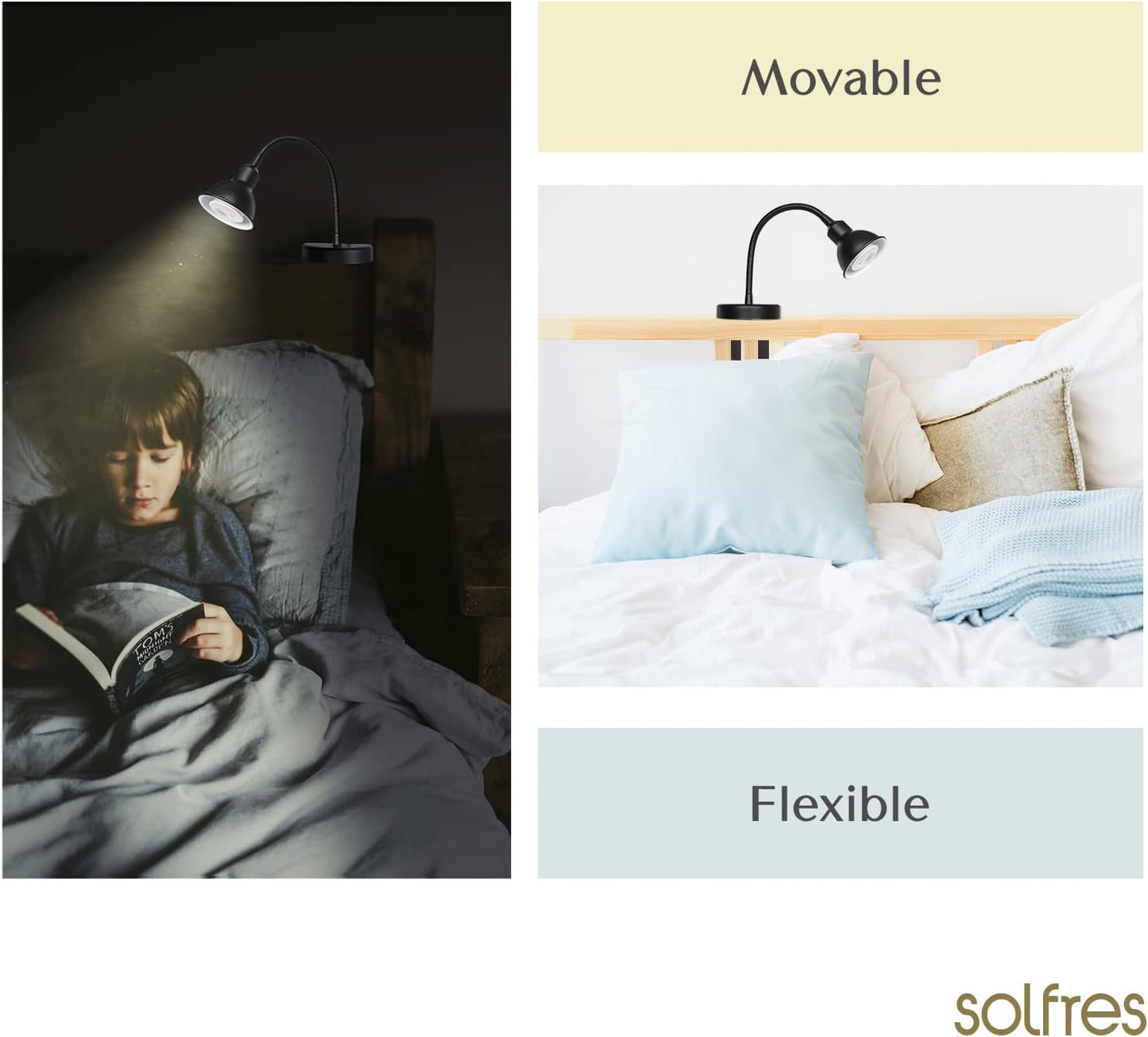 Solfres Innovative Design Headboard Reading Light. No Drilling Golden Book Light for Bedtime Reading. Dimmable LED Book Reading Lamp with Bulb. Movable & Flexible, White