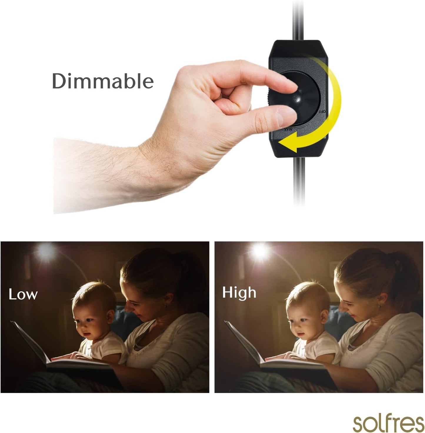 Solfres Innovative Design Headboard Reading Light. No Drilling Golden Book Light for Bedtime Reading. Dimmable LED Book Reading Lamp with Bulb. Movable & Flexible, White