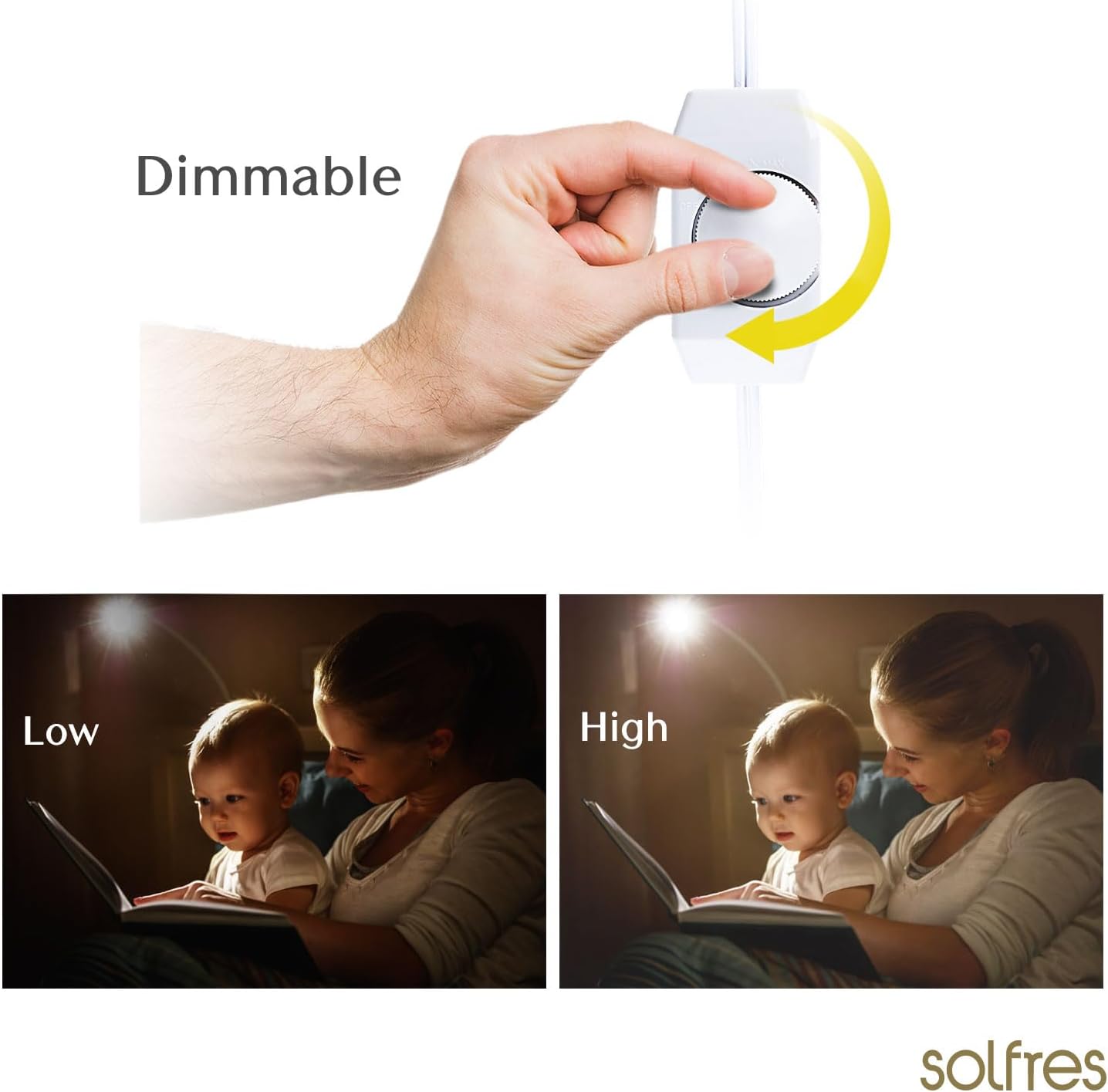 Solfres Innovative Design Headboard Reading Light. No Drilling Golden Book Light for Bedtime Reading. Dimmable LED Book Reading Lamp with Bulb. Movable & Flexible, White