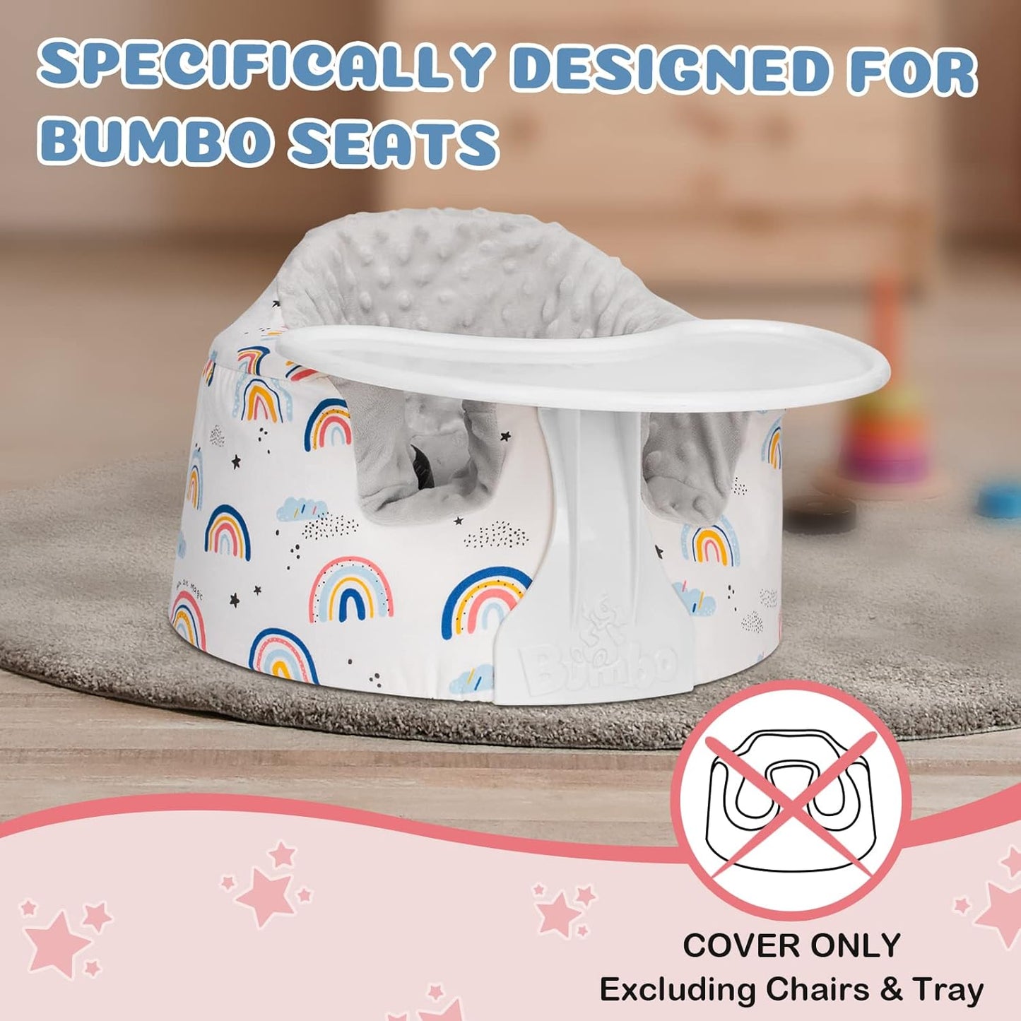 Solfres Seat Cover, Compatible with Bumbo Seat (Original), Ultra Soft and Cozy Fabric Seat Cover, Washable Bumbo Seat Protector, Cartoon Rainbow