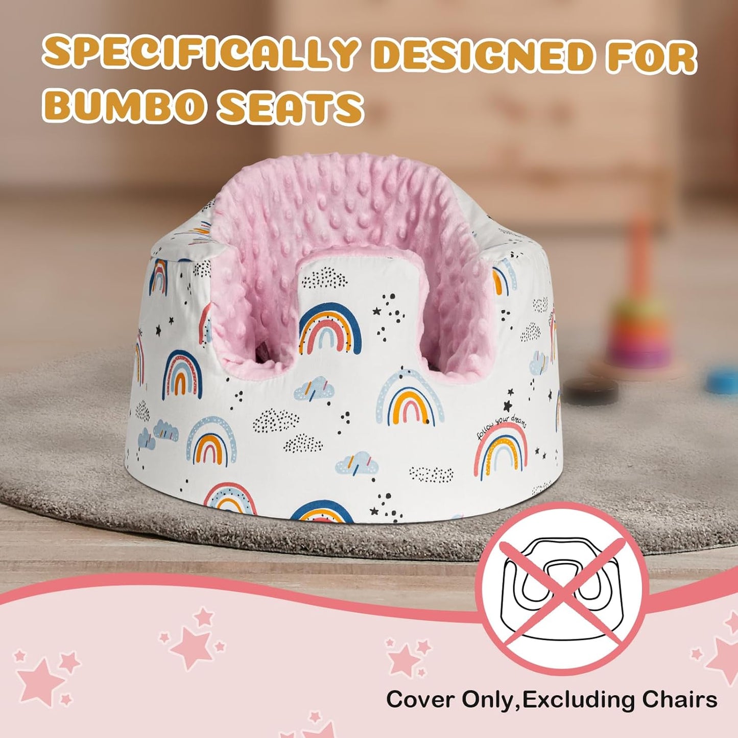 Solfres Seat Cover, Compatible with Bumbo Seat (Original), Ultra Soft and Cozy Fabric Seat Cover, Washable Bumbo Seat Protector, Cartoon Rainbow