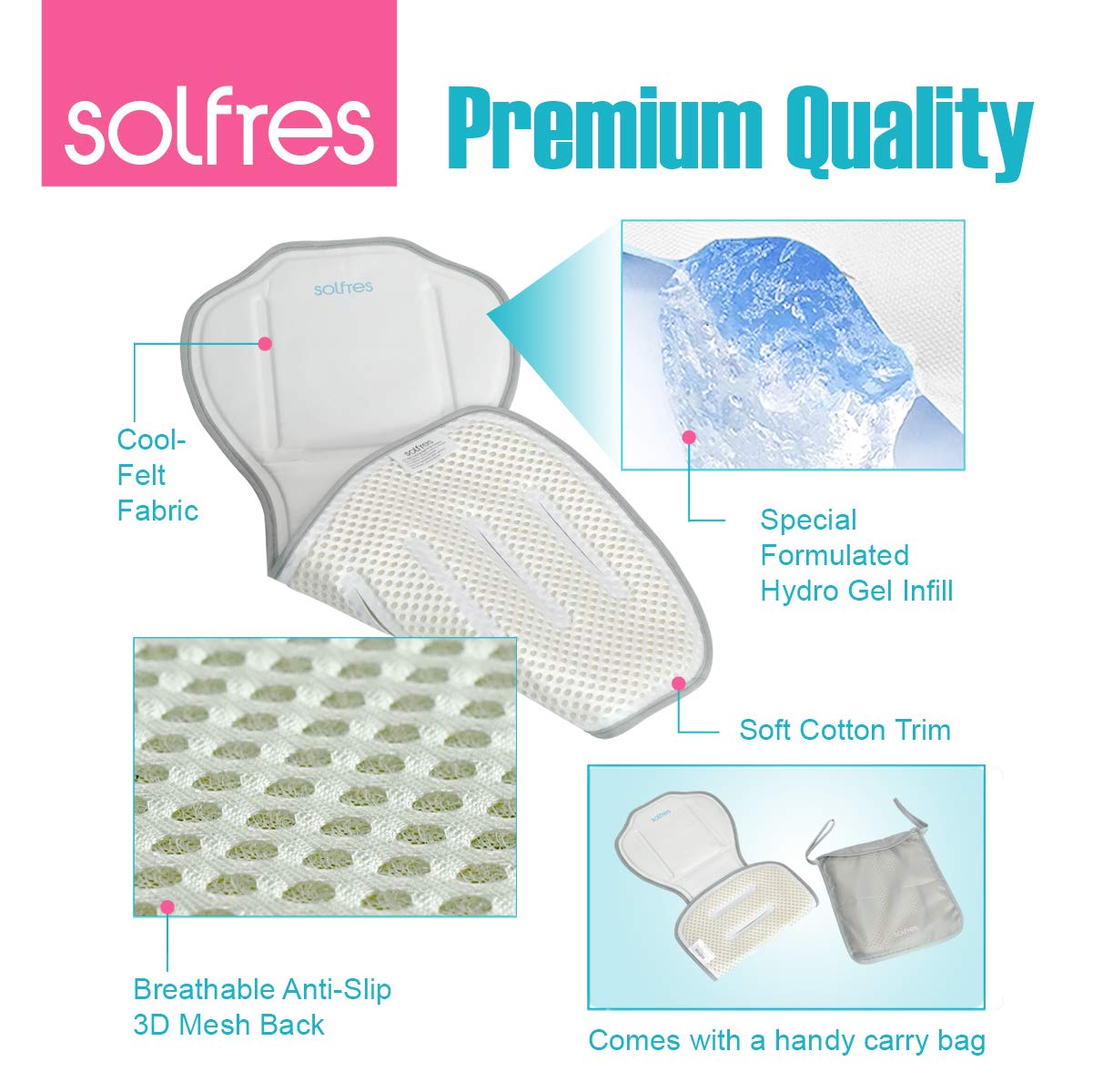 Solfres Hydro Gel Car Seat Cooler Mat for Baby. No Refrigeration Needed. Carseat and Stroller Cooling Pad Cushion Liner with Breathable 3D Mesh Anti-Slip Back. for Kids Toddlers 0-1 Yr 12-48 Months