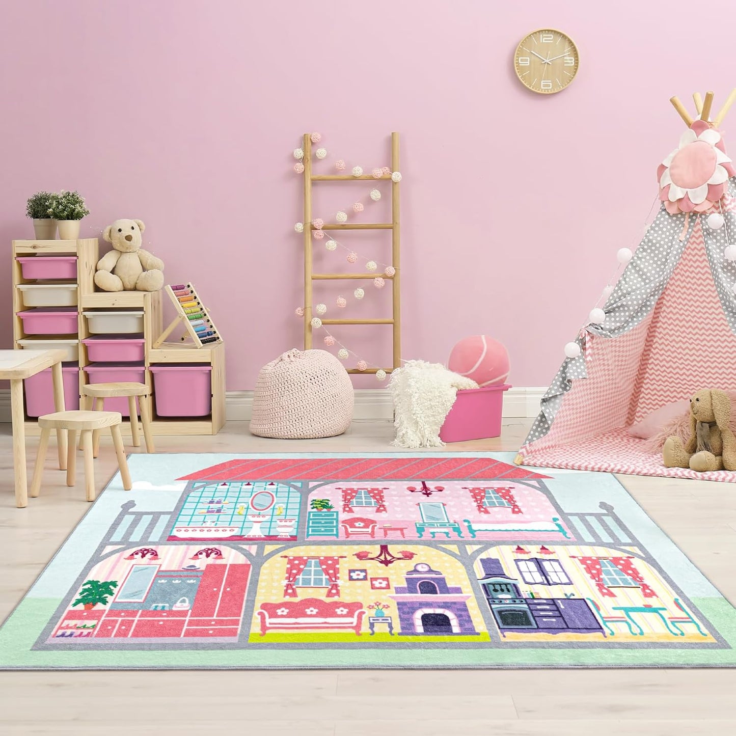 Solfres Soft Kids Area Rug 5' x 7', Large Play Rug for Girls, House Play Mat for Playing Toys & Dolls, Educational Nursery Carpet for Toddlers Children, Kids Room Bedroom Playroom Decor, Pale Pink