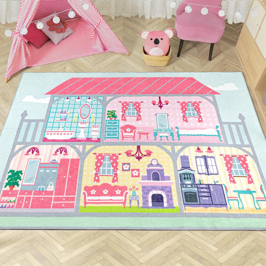 Solfres Soft Kids Area Rug 5' x 7', Large Play Rug for Girls, House Play Mat for Playing Toys & Dolls, Educational Nursery Carpet for Toddlers Children, Kids Room Bedroom Playroom Decor, Pale Pink