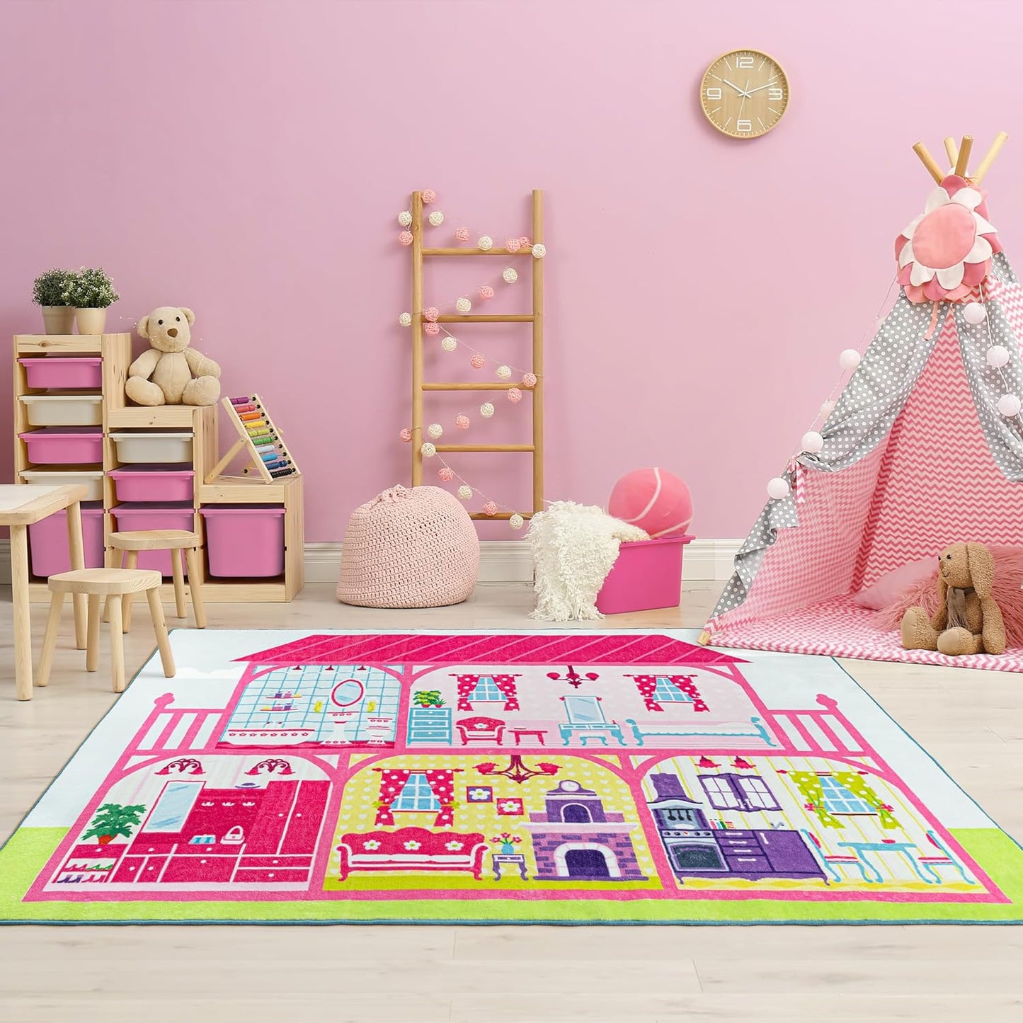 Solfres Soft Kids Area Rug 5' x 7', Large Play Rug for Girls, House Play Mat for Playing Toys & Dolls, Educational Nursery Carpet for Toddlers Children, Kids Room Bedroom Playroom Decor, Pale Pink