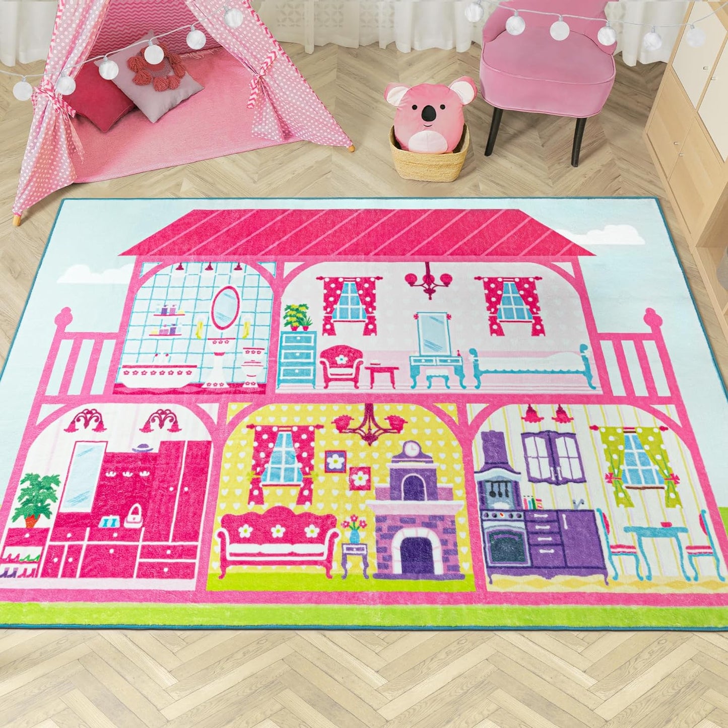 Solfres Soft Kids Area Rug 5' x 7', Large Play Rug for Girls, House Play Mat for Playing Toys & Dolls, Educational Nursery Carpet for Toddlers Children, Kids Room Bedroom Playroom Decor, Pale Pink