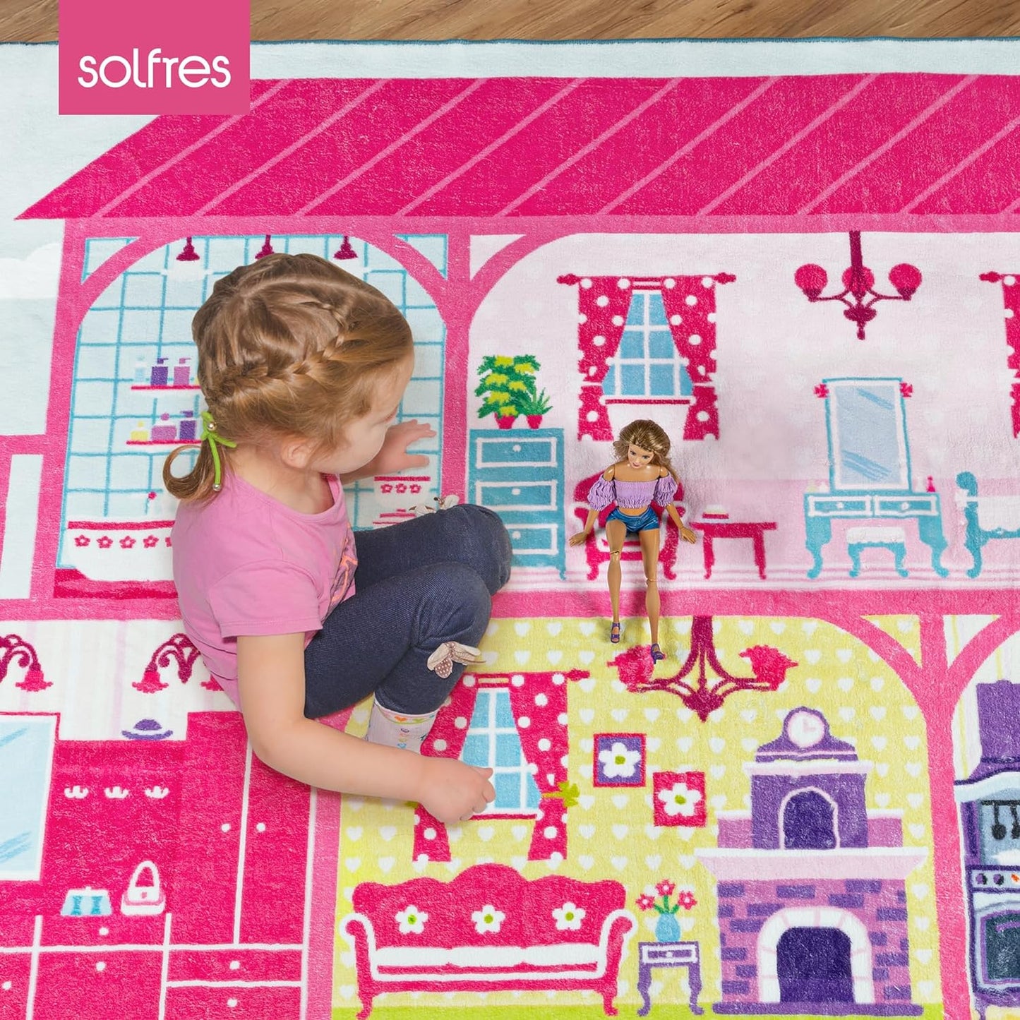 Solfres Soft Kids Area Rug 5' x 7', Large Play Rug for Girls, House Play Mat for Playing Toys & Dolls, Educational Nursery Carpet for Toddlers Children, Kids Room Bedroom Playroom Decor, Pale Pink